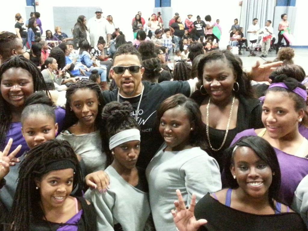 V.A.I.N and the kids in attendance at DJ Demp's Anti-Bully Rally 